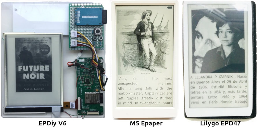 Chris Greening's ePub reader running on three original e-paper hardware configurations