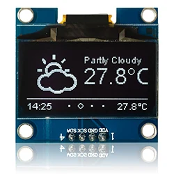 ThingPulse OLED displaying the current weather; original repository photograph.
