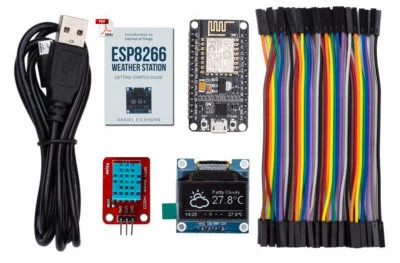 ThingPulse's weather-station kit with controller, OLED module, USB cable, and jumper wires; original repository photograph