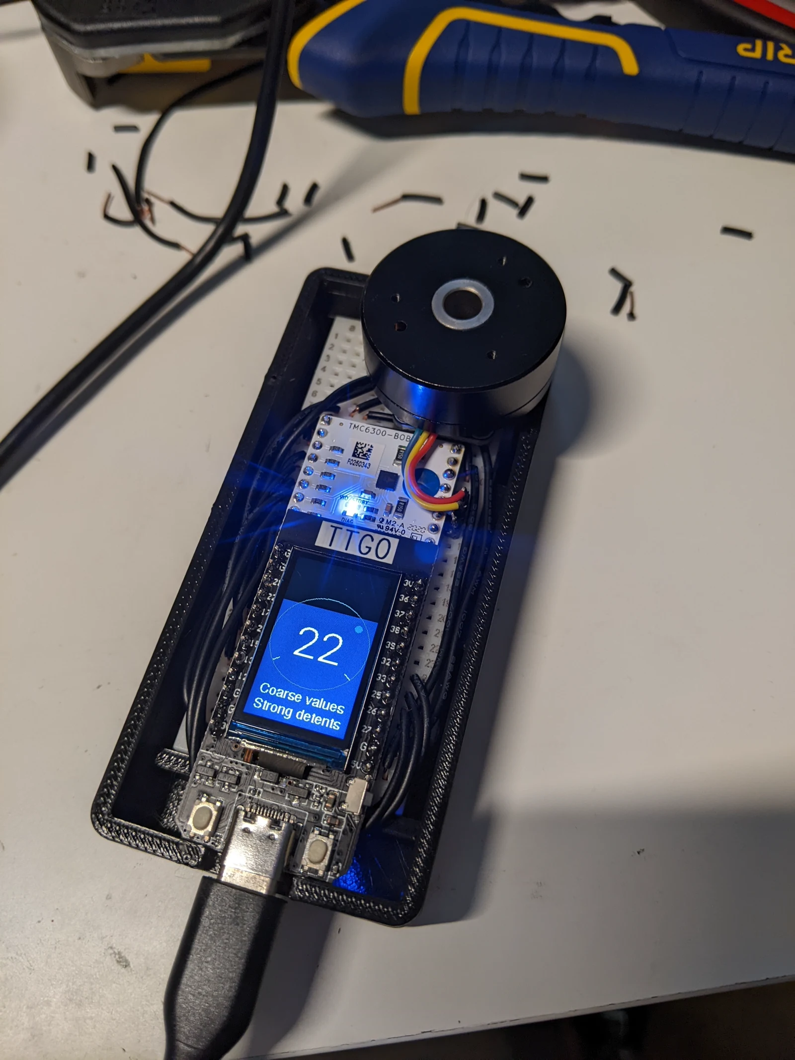 Scott Bezek's open SmartKnob prototype with motorized dial and exposed control electronics