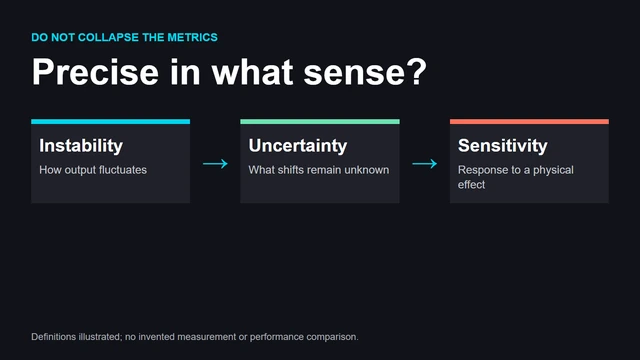 A clock's reference, oscillator, readout, and environment impose different questions. This original diagram distinguishes instability, uncertainty, and sensitivity.