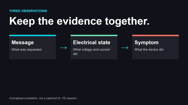 Messages, electrical measurements, and the device symptom answer different diagnostic questions. This original diagram does not contain captured test data.