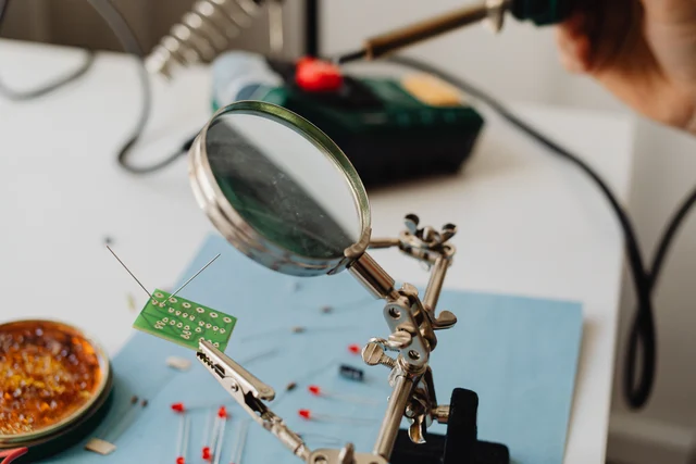 A small circuit board held beneath a workbench magnifying glass