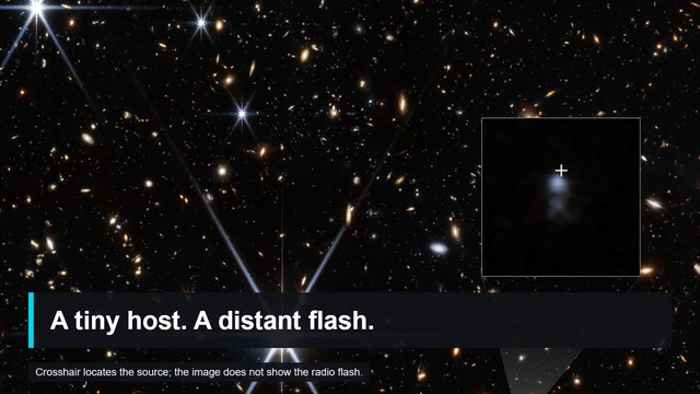 Webb's actual galaxy-field image with an enlarged view locating the distant fast-radio-burst host