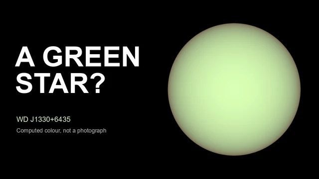 The researchers' computed pale-green disc of white dwarf WD J1330+6435 beside an editorial headline asking A Green Star