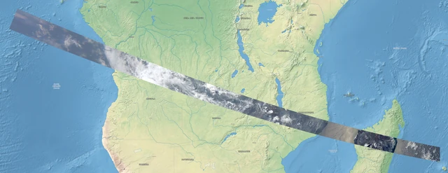 The released JANUS mosaic places the flyby image strip on an African map, showing its path from Madagascar across the continent toward the Atlantic.