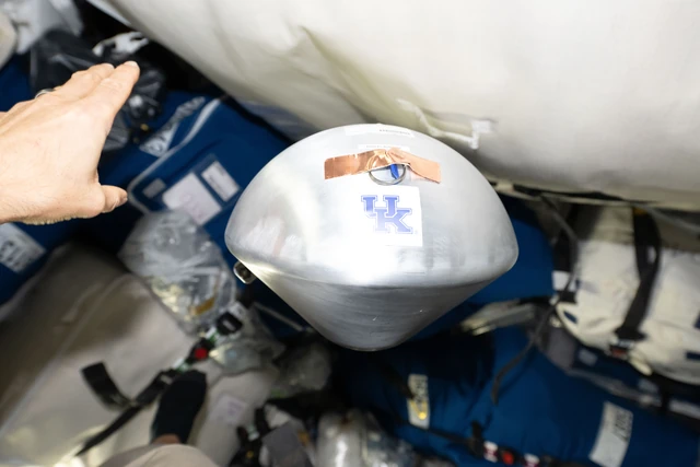 A real KREPE-3 experimental capsule floats inside the Cygnus XL cargo spacecraft on October 7, 2026