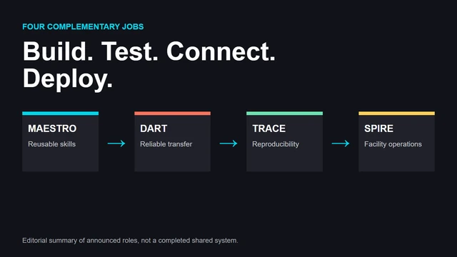 Four complementary roles connect capability development to failure testing, reproducibility, and deployment. The arrows summarize the announcement; they do not imply a completed shared control system.