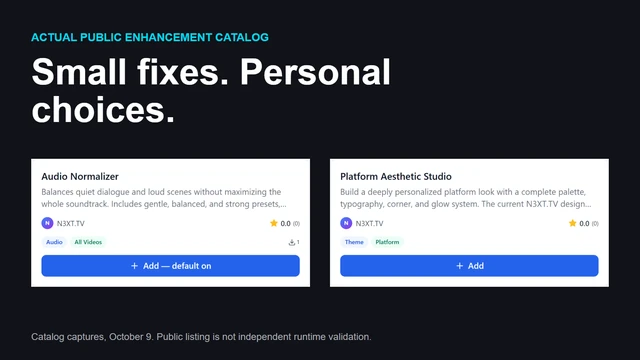 The public enhancement catalog includes Audio Normalizer and Platform Aesthetic Studio. Actual interface capture, October 9.