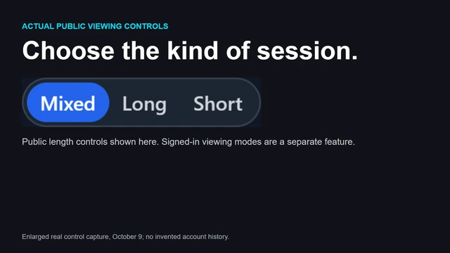 N3XT.TV's real public video-length controls, captured October 9. Signed-in viewing modes are a separate feature.