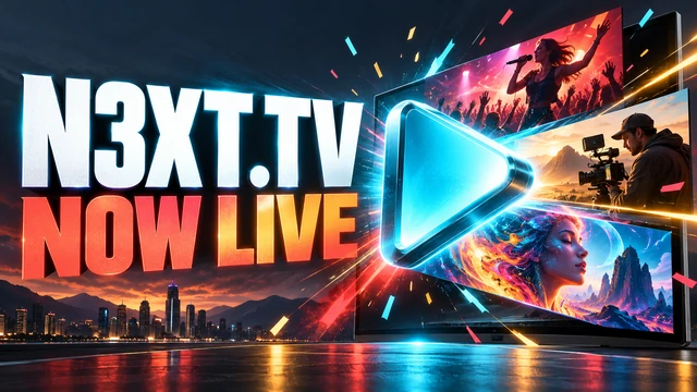 N3XT.TV NOW LIVE launch artwork with a luminous play symbol and cinematic music, filmmaking, and digital-art panels