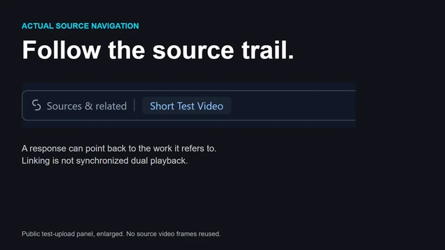 The real Sources & related panel connects a response to its source video. Linking is not synchronized dual playback.