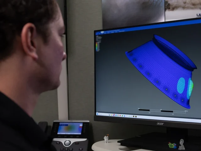 Kennedy engineer Stirling Allen examines a blue finite-element spacecraft model on a large monitor