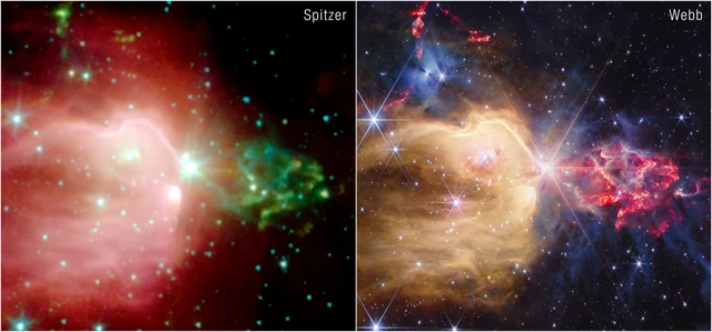 The official Spitzer/Webb comparison shows differences in resolution and wavelength presentation. It is not a time-lapse of the nebula changing from one color scheme to another.