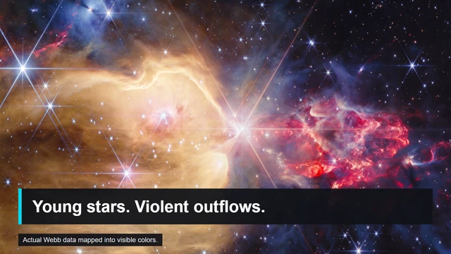 Webb's actual image of NGC 7129 with a golden cavity, bright stars, and red protostellar outflows