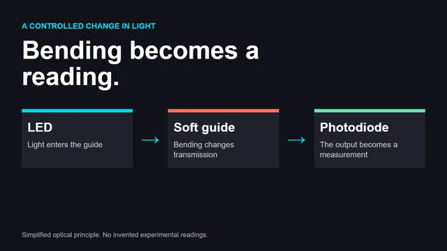 Light enters a flexible guide, bending changes transmission, and a photodiode measures the result. This original diagram simplifies the optical mechanism.