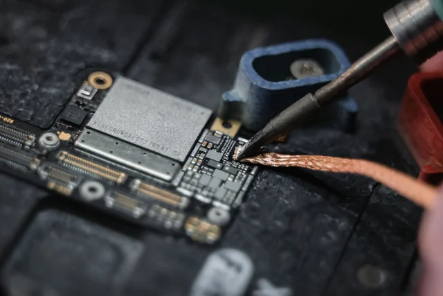 A soldering iron and copper braid working on a circuit board
