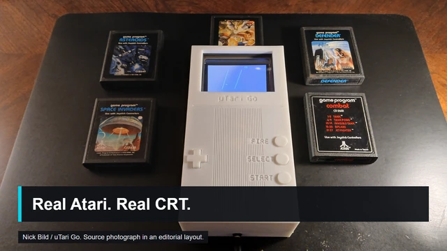 Nick Bild's actual uTari Go handheld, showing its CRT screen, controls, and cartridge