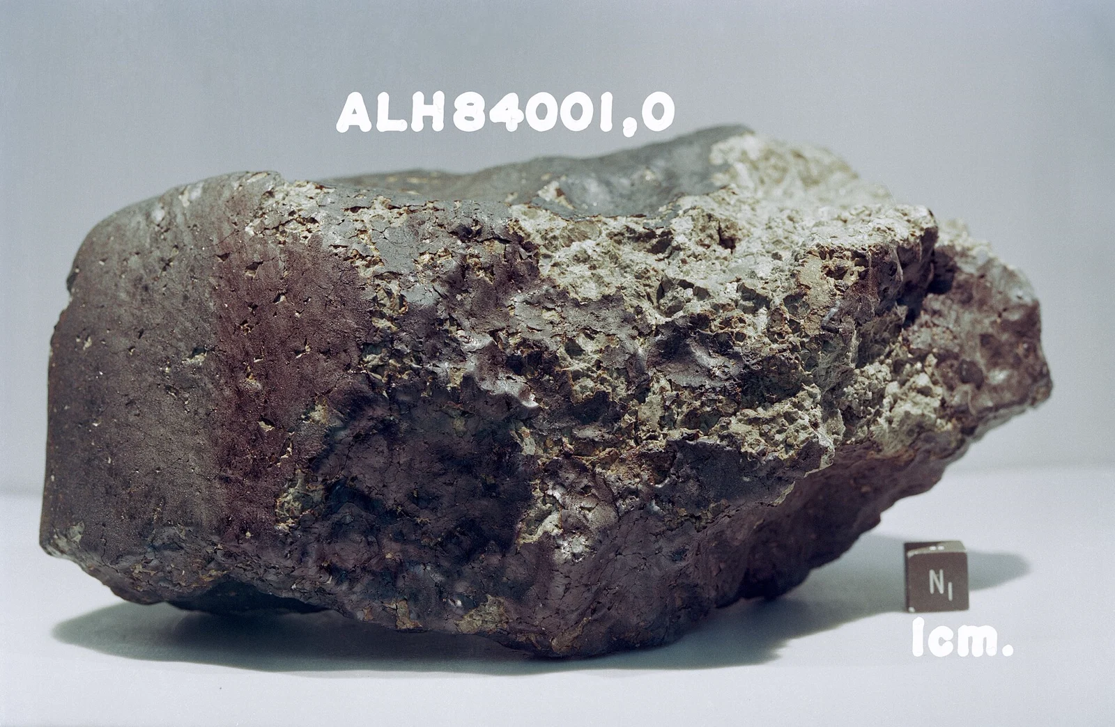 The ALH84001 meteorite with a dark outer crust, exposed pale rock and a one-centimeter scale cube