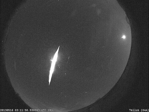 A real fireball recorded from Cartersville, Georgia, on May 16, 2013 by NASA's All Sky Fireball Network. This historical frame shows the optical evidence, not a GMN event from the new survey.