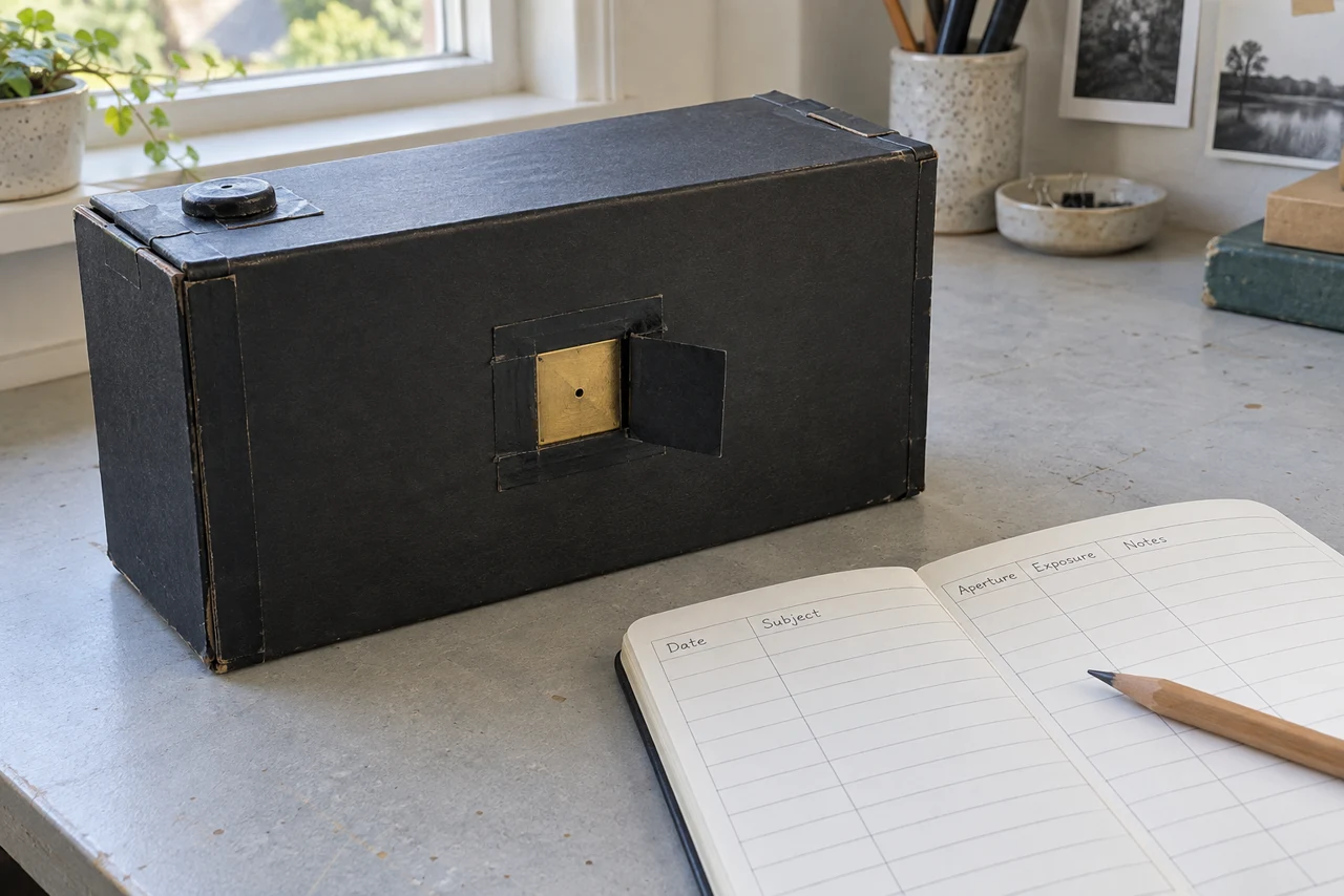 A pinhole camera with a proper exposure notebook