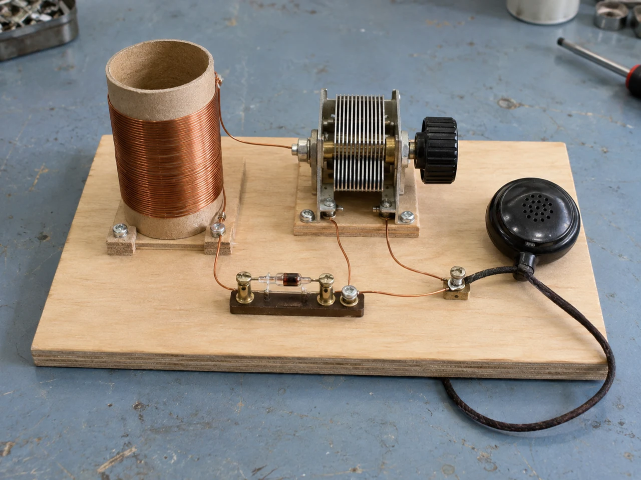 A crystal radio with a tuning log beside it