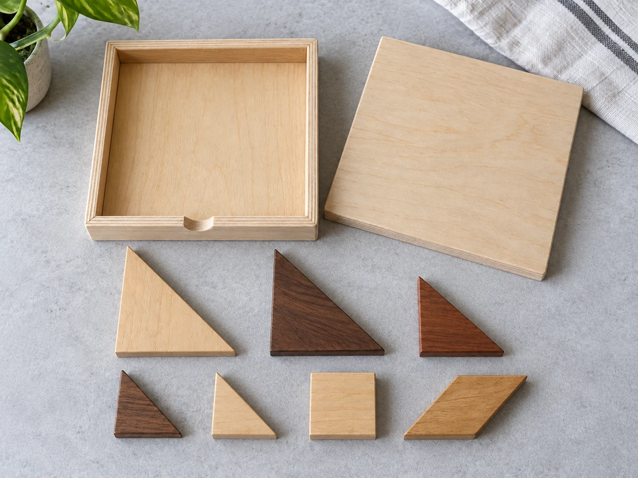 A tangram tray that tells you when a piece is missing
